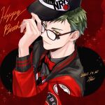  1boy argyle argyle_background baseball_cap black_headwear black_shirt bow bowtie clover clover_facial_mark collared_shirt commentary_request dated glasses green_hair happy_birthday hat jacket letterman_jacket long_sleeves looking_at_viewer male_focus official_alternate_costume okurabaakaa red_background red_bow red_bowtie shirt signature smile solo trey_clover twisted_wonderland upper_body yellow_eyes 