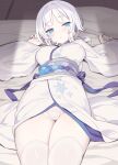  1girl blade_(galaxist) blue_eyes blush breasts commentary_request covered_nipples futon highres japanese_clothes kimono large_breasts long_sleeves looking_at_viewer lying obi on_bed open_mouth original pale_skin panties sash short_hair snowflake_print solo thighhighs underwear white_hair white_kimono white_panties white_thighhighs wide_sleeves 