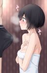  1girl absurdres black_hair black_shorts blue_eyes blush bulge closed_mouth collarbone commentary_request from_side hand_on_own_chest hetero highres indoors kiona_(giraffe_kiona) naked_towel original short_hair shorts solo sweatdrop towel translation_request 
