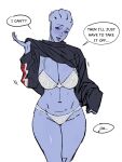  1girl alien asari_(mass_effect) black_sweater blue_eyes blue_hair blue_skin borrowed_clothes bra breasts cbb_(tuucoo) cleavage clothes_lift colored_skin commentary_request english_text female_pov flirting freckles head_tilt highres huge_breasts lace lace-trimmed_panties lace_panties lace_trim liara_t&#039;soni lifted_by_self lingerie looking_at_viewer loose_clothes mass_effect_(series) n7_hoodie oversized_clothes panties pov purple_lips short_hair sleeves_past_wrists solo spaghetti_strap speech_bubble standing sweater sweater_lift tentacle_hair underwear white_bra white_panties 