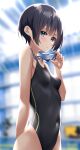  1girl absurdres black_hair black_one-piece_swimsuit blue_eyes blurry blurry_background blush breasts closed_mouth collarbone commentary_request covered_navel goggles goggles_around_neck highres indoors kiona_(giraffe_kiona) looking_at_viewer one-piece_swimsuit original short_hair small_breasts solo standing swimsuit 