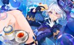  1girl :q absurdres arm_up ascot asymmetrical_gloves blue_ascot blue_brooch blue_eyes blue_gloves blue_hair blue_headwear blue_jacket blue_ribbon bubble cake closed_mouth commentary_request couch crossed_legs cup feet_out_of_frame food food_on_face furina_(genshin_impact) genshin_impact gloves hair_between_eyes half_gloves hand_on_own_face hat hat_ribbon heterochromia highres holding holding_cake holding_food jacket legs_up light_blue_hair long_sleeves looking_at_viewer lying mikamimichael mismatched_gloves multicolored_hair on_back on_couch purple_eyes ribbon saucer short_hair solo strawberry_shortcake streaked_hair surintendante_chevalmarin sweatdrop tea teacup teapot tongue tongue_out top_hat tray white_gloves white_hair 