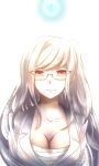  breasts chest_sarashi cleavage collarbone cowboy_shot danganronpa_(series) danganronpa_2:_goodbye_despair danganronpa_3_(anime) glasses jacket long_hair long_sleeves looking_at_viewer official_alternate_costume official_alternate_hairstyle pekoyama_peko red_eyes sarashi smile white_hair white_jacket zi_huahuo 