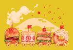  bagel burger cherry_tomato chicken_sandwich commentary english_commentary flag food food_focus fruit green_background no_humans original sandwich simple_background smoke star_(symbol) steff_(playground1997) strawberry strawberry_slice tomato train 
