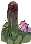  1boy 1girl black_horns blush closed_mouth colored_skin doppel_(bonnypir) draph erection foreskin granblue_fantasy green_skin hair_over_one_eye horns long_hair lying narmaya_(granblue_fantasy) on_stomach orc penis penis_awe penis_focus pointy_ears purple_hair simple_background sleeping sleeping_on_person sweat testicles veins veiny_penis white_background zzz 
