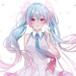  1girl absurdres bare_arms blue_hair blue_nails blue_necktie breasts cherry_blossoms falling_petals flower gradient_hair gradient_nails gradient_necktie hair_flower hair_ornament hand_up hatsune_miku highres large_breasts light_particles long_hair looking_at_viewer mizuamemochimochi multicolored_hair nail_polish necktie parted_lips petals pink_eyes pink_hair pink_nails pink_necktie sakura_miku shirt simple_background sleeveless sleeveless_shirt solo straight-on twintails two-tone_hair two-tone_nails two-tone_necktie vocaloid white_background white_shirt 
