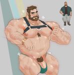  1boy alternate_pectoral_size arm_hair bara bare_pectorals beard belly bikini_briefs body_fur brown_hair chest_harness come_hither coral_island dumbandgreen facial_hair full_beard green_male_underwear hairy harness highres huge_pectorals looking_at_viewer male_focus male_pubic_hair male_underwear mark_(coral_island) muscular muscular_male navel navel_hair nipples pectorals penis penis_peek plump pubic_hair reference_inset seductive_smile short_hair smell smile solo sparse_ass_hair sparse_chest_hair steaming_body stomach thick_beard thick_thighs thighs undersized_clothes underwear 