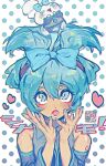  &gt;_&lt; 1girl :3 :o animal animal_on_head artist_logo babibu_baby blue_bow blue_eyes blue_hair blue_nails blush bow cinnamiku_hairstyle cinnamoroll clothed_animal collared_shirt commentary_request detached_sleeves folded_twintails grey_shirt hair_bow hands_up hatsune_miku heart highres looking_up on_head polka_dot polka_dot_background rabbit sanrio shirt shoulder_tattoo sleeveless sleeveless_shirt tattoo translation_request upper_body vocaloid white_background 