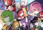  6+girls animal_ears ascot black_headwear blonde_hair bow chain commentary_request drum drum_set green_eyes half_updo hat hat_bow heart heart_of_string hecatia_lapislazuli highres horikawa_raiko instrument kazami_yuuka kishin_sagume komeiji_koishi komeiji_satori lightning long_hair medium_hair mizuhashi_parsee multiple_girls parasol pink_hair pointy_ears purple_hair rabbit_ears rabbit_girl red_eyes red_hair reisen_udongein_inaba short_hair third_eye touhou umbrella upper_body white_hair yellow_ascot yimudesu 