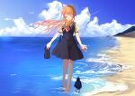  1girl air_(visual_novel) aosakana_com arms_at_sides barefoot beach bird black_dress blonde_hair blue_sky blush bow closed_eyes closed_mouth cloud commentary_request day dress facing_viewer floating_hair full_body hair_between_eyes hair_bow highres holding_carton kamio_misuzu long_hair necktie ocean outdoors puffy_short_sleeves puffy_sleeves red_necktie school_uniform shirt shoes short_dress short_necktie short_sleeves sidelocks sky smile soaking_feet solo sora_(air) standing unworn_shoes white_bow wind yellow_shirt 