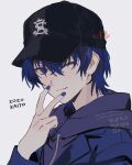  1boy artist_name baseball_cap black_headwear blue_eyes blue_hair blue_hoodie blue_jacket blue_nails character_name closed_mouth commentary fingernails grey_background hand_up hat highres hood hood_down hoodie jacket jacket_over_hoodie kaito_(vocaloid) lapels long_sleeves looking_at_viewer male_focus notched_lapels one_eye_closed project_sekai short_hair simple_background solo sorase_(so17p) upper_body v vocaloid zozotown 