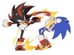 2boys animal_ears animal_nose clenched_teeth commentary full_body furry furry_male gloves green_eyes hashtag_only_commentary highres kicking looking_at_another male_focus motion_blur multiple_boys red_eyes red_footwear shadow_the_hedgehog shoes simple_background sonic_(series) sonic_the_hedgehog standing sweat tail teeth white_background white_gloves yicuojinan 