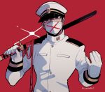  1boy buttons double-breasted glasses glint gloves hat hitoranran holding holding_sword holding_weapon kotorai long_sleeves looking_at_viewer male_focus marumaru_no_shuyaku_wa_wareware_da! mask military_uniform mouth_mask peaked_cap red_background signature simple_background solo sword uniform upper_body weapon white_gloves white_headwear white_mask 
