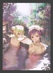  2girls alternate_hairstyle blonde_hair breasts cleavage collarbone commentary_request completely_nude crossed_arms day double_bun hair_between_eyes hair_bun hair_ornament haku89 large_breasts looking_at_viewer looking_back mizuori_shizuku multiple_girls naked_towel nature nude onsen outdoors partially_submerged purple_eyes ripples sidelocks single_hair_bun sitting small_breasts summer_pockets towel towel_on_head tsumugi_wenders water x_hair_ornament 