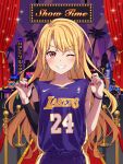  1girl bang_dream! basketball_jersey blonde_hair blush brown_eyes collarbone earrings english_text grin hands_up highres jewelry kirigaya_toko kobe_bryant long_hair looking_at_viewer los_angeles_lakers nail_polish night night_sky one_eye_closed palm_tree parted_bangs purple_shorts purple_wristband red_nails shorts sky sleeveless smile snake_earrings solo sparkle stage_curtains tree v-shaped_eyebrows very_long_hair yazawa_happyaro 