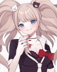  1girl bear_hair_ornament black_bra black_choker black_shirt blonde_hair blue_eyes blush bow bra breasts choker cleavage collarbone danganronpa:_trigger_happy_havoc danganronpa_(series) enoshima_junko grin hair_ornament hand_up highres large_breasts looking_at_viewer nail_polish red_bow red_nails ringo_ame_no_ria shirt short_sleeves smile solo teeth twintails underwear 