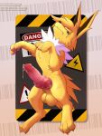 3:4 animal_genitalia animal_penis balls big_knot big_penis bodily_fluids canid canine canine_genitalia canine_penis canis claws cum cum_drip cum_on_penis digital_media_(artwork) domestic_dog dripping eeveelution erection feral fur generation_1_pokemon genital_fluids genitals hi_res jolteon jolteon_(vogold) knot looking_at_viewer male mammal nintendo pawpads penis pink_pawpads pokemon pokemon_(species) solo toe_claws vogold yellow_body yellow_fur