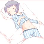  1girl :&lt; bed_sheet blue_pajamas closed_eyes commentary_request flat_chest hand_on_own_chest highres idolmaster idolmaster_million_live! long_sleeves lying makabe_mizuki navel on_bed pajamas pajamas_lift pillow purple_hair short_hair sidelocks sleeping solo stomach sunfromwest vertical-striped_pajamas white_background 