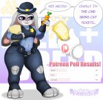 absurd_res anthro athletic athletic_anthro blush breasts clothed clothing curvy_female curvy_figure dialogue digital_media_(artwork) disney english_text female flat_chested fur grey_body grey_fur hi_res judy_hopps lagomorph leporid mammal neo_geppetto open_mouth police_uniform rabbit simple_background smile solo tail text thick_thighs tight_clothing uniform voluptuous white_body white_fur wide_hips zootopia