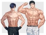 2boys abs bara belt black_hair blue_eyes burn_scar domo_(domo_kizusuki) feet_out_of_frame gloves grey_background kokado_shido_(domo) kokuryu_kai_(domo) large_pectorals looking_at_another male_focus manly mature_male multiple_boys muscular muscular_male nipples one_eye_covered original pants pectorals scar simple_background spiked_hair thick_arms thick_eyebrows topless_male veins yellow_eyes 