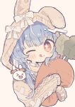  &gt;_&lt; +_+ 1girl alternate_hairstyle blue_hair blush brown_background carrot carrot-shaped_pillow carrot_hair_ornament commentary cropped_torso food-themed_hair_ornament hair_ornament highres holding holding_pillow hololive hood hooded_sweater kanato345 knit_sweater light_blue_hair long_hair looking_at_viewer one_eye_closed pillow red_eyes simple_background sleeves_past_fingers sleeves_past_wrists solo sweater thick_eyebrows usada_pekora virtual_youtuber 