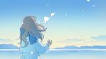  1girl blue_scarf blue_sky breath brown_hair coat commentary_request dawn facing_away from_behind gradient_sky horizon lake long_hair long_sleeves mountain nahara_saki original outdoors reflection reflective_water scarf sky snowing solo unfinished water white_coat wind yellow_sky 