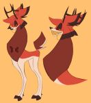 alastor_(hazbin_hotel) antlers deer demon feral feralized fur grin hazbin_hotel hi_res horn labbit1337 male mammal red_body red_fur simple_background smile solo teeth yellow_background