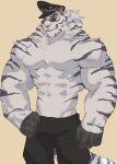  1boy abs absurdres bara brown_background dislyte feet_out_of_frame furry furry_male gloves hat highres jin_qiu_(ru_shou)_(dislyte) kimagureuso large_pectorals looking_ahead male_focus mature_male muscular muscular_male navel no_nipples peaked_cap pectorals police_hat revision short_hair solo standing stomach sunglasses topless_male v-taper 