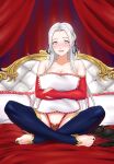  1girl alternate_costume bare_shoulders black_bra black_nails bra bridal_gauntlets commission edelgard_von_hresvelg feet fire_emblem fire_emblem:_three_houses highres holding holding_pillow igni_tion indian_style lingerie long_hair nail_polish on_bed open_mouth pillow purple_eyes red_bridal_gauntlets sitting toenail_polish toenails toes underwear unworn_bra white_hair 