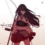  1girl akagi_(kancolle) arrow_(projectile) black_hair bow_(weapon) cowboy_shot expressionless gloves hakama hakama_short_skirt hakama_skirt highres japanese_clothes kantai_collection long_hair looking_at_viewer muneate partially_fingerless_gloves quiver red_eyes red_hakama single_glove skirt solo tanaka_io_(craftstudio) tasuki weapon yugake 