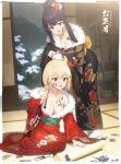  2girls :d absurdres bare_shoulders black_hair blonde_hair body_writing book breasts calligraphy_brush card cleavage edgar_syu flower fur_trim hair_bun hair_flower hair_ornament highres inoue_takina japanese_clothes kimono lycoris_recoil multiple_girls new_year nishikigi_chisato open_mouth paintbrush purple_hair red_eyes scroll sidelocks sitting smile snow tatami 