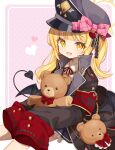  1girl absurdres black_coat black_headwear blonde_hair blue_archive coat halo hat highres ibuki_(blue_archive) long_hair looking_at_viewer open_mouth peaked_cap saekiya_sabou side_ponytail sleeves_past_fingers sleeves_past_wrists smile solo stuffed_animal stuffed_toy teddy_bear yellow_eyes yellow_halo 