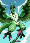 anthro avian bandai_namco bird blade danang_kusumaw digimon digimon_(species) feathers galemon green_body green_feathers hi_res horn looking_at_viewer male neck_tuft purple_eyes solo tail_blade tuft weapon_tail winged_arms wings