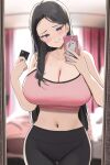  1girl bare_shoulders bedroom black_hair black_pants blue_eyes breasts cellphone cleavage commission condom condom_wrapper crop_top highres holding holding_phone indoors large_breasts long_hair mirror navel original pants phone reflection selfie smartphone smile solo stomach twin_(tt_lsh) yoga_pants 