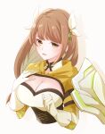 1girl black_corset braid braided_ponytail breasts brown_hair corset fire_emblem fire_emblem_engage gloves goldmary_(fire_emblem) highres hooded_top low_ponytail mole mole_on_breast ribbon single_shoulder_pad solo white_gloves white_ribbon yutohiroya 