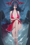  1girl absurdres ama_doooo barefoot black_hair black_wings blue_archive breasts cleavage closed_mouth collarbone commentary crossed_legs dress hair_between_eyes halo hasumi_(blue_archive) highres large_breasts legs lips long_hair looking_to_the_side partially_submerged red_dress red_eyes red_halo sitting sleeveless sleeveless_dress solo thighs water wet wings 