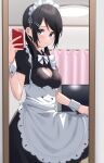  1girl absurdres apron black_dress black_hair blush breasts cellphone cleavage_cutout closed_mouth clothing_cutout commentary_request curtains dress hair_ornament hairclip heart_cutout highres holding holding_phone indoors kiona_(giraffe_kiona) maid maid_apron maid_headdress medium_breasts medium_hair mirror original phone puffy_short_sleeves puffy_sleeves short_sleeves smartphone smile solo television white_wrist_cuffs wrist_cuffs 