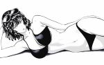  1girl absurdres bikini breasts eyewear_on_head fubuki_(one-punch_man) greyscale highres large_breasts looking_at_viewer lying monochrome mostlybluewyatt navel on_side one-punch_man parted_lips short_hair solo sunglasses swimsuit 