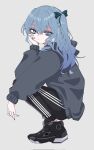  1girl blue_eyes blue_hair blue_nails donki_(dodododonkidon) expressionless eyelashes from_side full_body grey_hoodie hair_between_eyes highres hololive hood hoodie hoshimachi_suisei long_hair looking_at_viewer nail_polish one_side_up shoes sneakers solo squatting star_(symbol) star_in_eye striped_leggings symbol_in_eye virtual_youtuber 