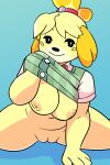 animal_crossing anthro canid canine clothed clothing clothing_lift dangerlicks female hi_res isabelle_(animal_crossing) mammal nintendo shirt shirt_lift solo topwear