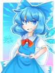  1girl blue_bow blue_eyes blue_hair blue_skirt blue_vest bow chinese_commentary circled_9 cirno collared_shirt commentary_request cowboy_shot detached_wings grin hair_bow hand_on_own_hip ice ice_wings medium_hair priswocaer puffy_short_sleeves puffy_sleeves ribbon shirt short_sleeves skirt smile solo sparkling_eyes touhou vest white_ribbon white_shirt wings 