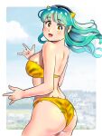  1girl animal_print ass bikini breasts green_hair highres horns kenken28937178 large_breasts long_hair looking_at_viewer looking_back lum oni open_mouth smile solo swimsuit tiger_print urusei_yatsura yellow_bikini yellow_eyes 