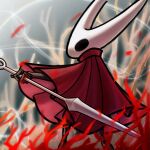  1girl cloak commentary commission english_commentary from_behind highres holding holding_weapon hollow_knight horned_mask hornet_(hollow_knight) mask needle_(hollow_knight) red_cloak reverse_grip scerebrite solo weapon wind 