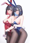  2girls absurdres animal_ears bare_shoulders black_gloves black_hair black_survival blue_eyes blue_hair blue_leotard breasts brown_pantyhose cleavage closed_mouth commentary debi_(black_survival) eternal_return:_black_survival fake_animal_ears fake_tail gloves gradient_background grey_background highres large_breasts leotard looking_at_viewer marlene_(black_survival) multiple_girls pantyhose playboy_bunny rabbit_ears rabbit_tail red_eyes red_hair red_leotard short_hair siblings smile tail tunamayo_(dsasd751) twins 