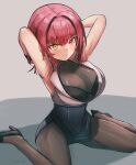  1girl absurdres armpits arms_behind_head arms_up black_bra black_pantyhose blush bra breasts cleavage commentary_request covered_navel futoshi_tanaka grey_background hair_between_eyes hair_intakes heterochromia high_heels highres hololive houshou_marine houshou_marine_(businesswoman) kneeling large_breasts looking_at_viewer official_alternate_costume official_alternate_hair_length official_alternate_hairstyle pantyhose red_eyes red_hair see-through see-through_cleavage shirt short_hair skirt sleeveless sleeveless_shirt smile solo spread_legs underwear virtual_youtuber yellow_eyes 