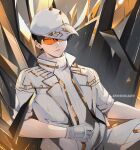  1boy artist_name ayoungart black_hair boboiboy character_request closed_mouth commentary english_commentary gloves hat highres jacket looking_at_viewer male_focus orange-tinted_eyewear short_hair solo tinted_eyewear white_gloves white_headwear white_jacket 
