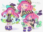  1girl :o absurdres aqua_eyes baseball_cap black_headwear black_shirt blue_footwear blunt_bangs blush boots colored_eyelashes commentary drooling english_commentary english_text eyelashes fafameow fish gradient_hair green_hair green_skirt hand_up harmony&#039;s_clownfish_(splatoon) harmony_(splatoon) hat highres index_finger_raised jacket knees_up lightning_bolt_symbol long_hair long_sleeves looking_at_viewer low_twintails multicolored_hair multiple_views musical_note notice_lines open_clothes open_jacket open_mouth pink_eyes pink_hair pleated_skirt print_shirt purple_hair shirt short_sleeves sidelocks simple_background sitting skirt sleeves_past_wrists socks splatoon_(series) splatoon_3 standing striped_clothes striped_headwear t-shirt tentacle_hair thinking twintails upper_body very_long_hair white_background white_jacket white_socks yellow_headwear zipper 