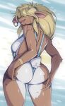 2024 anthro arm_tuft bikini blonde_hair blue_bikini blue_clothing blue_swimwear breasts brown_body brown_fur butt clothing ear_piercing ear_ring elbow_tuft female fur glistening glistening_body glistening_breasts glistening_butt hair hair_over_eyes hi_res holding_butt horn inner_ear_fluff licking licking_lips mammal mcfli piercing ring_piercing side_boob sling_bikini solo swimwear tongue tongue_out tuft white_body white_fur