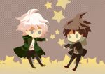  2boys ahoge brown_footwear brown_hair brown_pants chibi closed_mouth coat danganronpa:_trigger_happy_havoc danganronpa_(series) danganronpa_2:_goodbye_despair full_body green_coat grey_background grey_eyes hair_between_eyes hitofutarai komaeda_nagito long_sleeves male_focus multiple_boys naegi_makoto no_lineart outstretched_arm pants red_footwear shirt short_hair smile solid_oval_eyes star_(symbol) white_hair white_shirt 