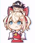  &gt;:( ... 2girls anger_vein animal_ears ascot blonde_hair blue_eyes bow chibi cosplay crossed_bangs detached_sleeves dog_ears double-parted_bangs fang frown fuwawa_abyssgard hair_between_eyes hair_bow hakurei_reimu hakurei_reimu_(cosplay) highres hololive hololive_english kirisame_marisa kirisame_marisa_(cosplay) mococo_abyssgard moon_ldl multicolored_hair multiple_girls nontraditional_miko official_alternate_hairstyle pink_hair red_bow red_shirt red_skirt shirt siblings skin_fang skirt streaked_hair sweatdrop touhou twins twintails upturned_eyes v-shaped_eyebrows virtual_youtuber yellow_ascot 